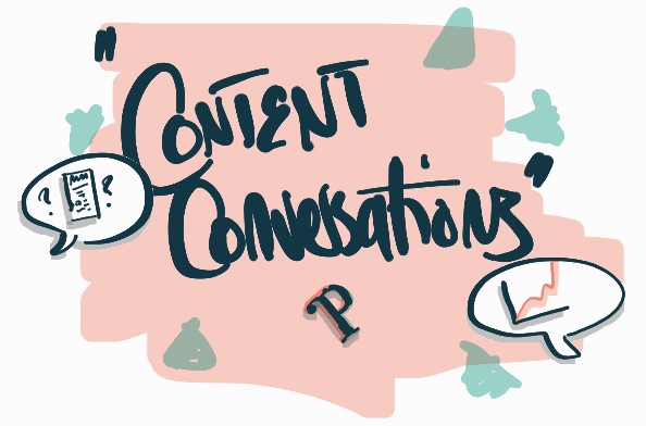 Content Conversations Podcast Cover Art with Coral background and handwritten and handdrawn title and speach bubble icons, as well as the Penfriend logo handdrawn