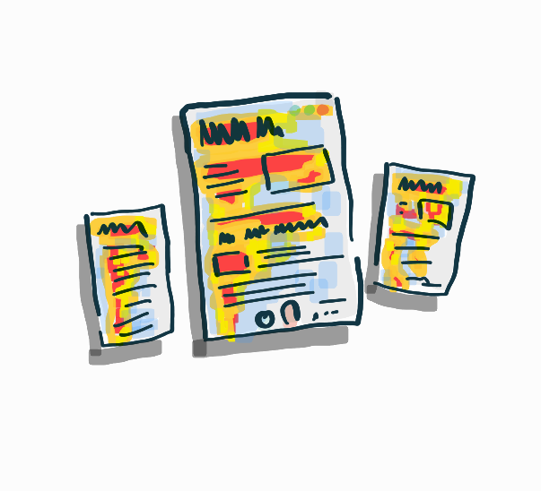 Handdrawn illustration of 3 pages and documents with heat red, orange, yellow and blue to resemble a heatmap on a page.