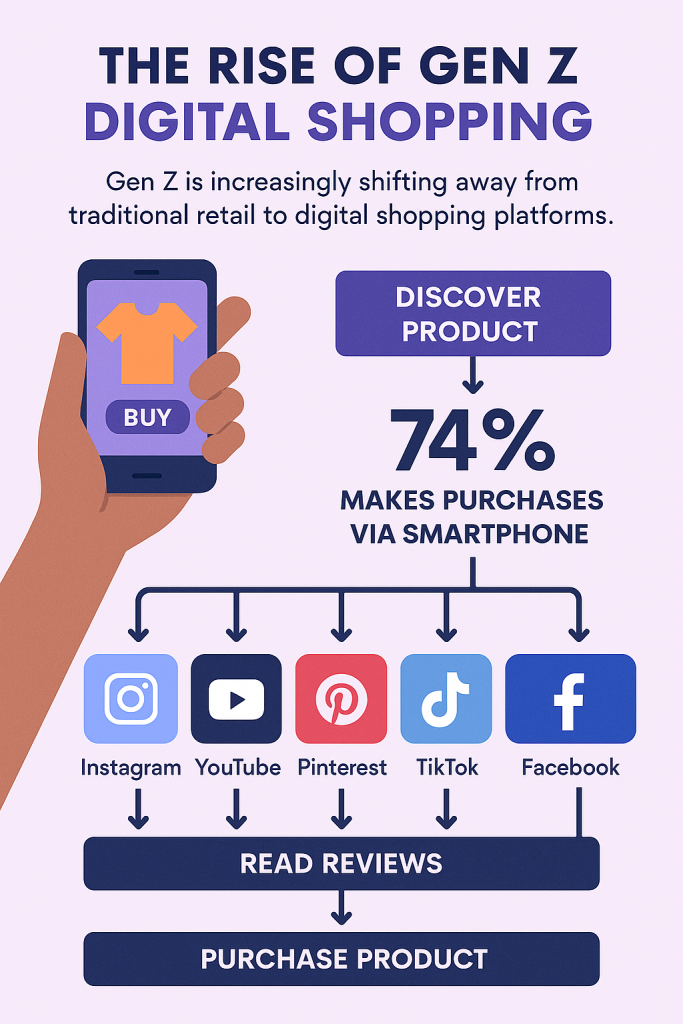 Flowchart infographic illustrating Gen Z Consumer Preferences: clearly shifting from traditional retail to digital-first shopping, with a decisive 74% using smartphones for purchases.